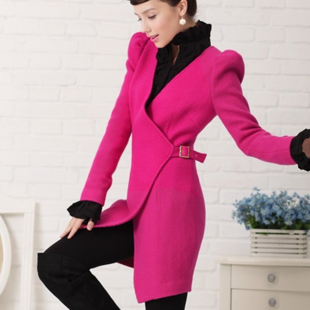 Fuchsia Pink Genuine Wool Long Jacket Blazer Coat